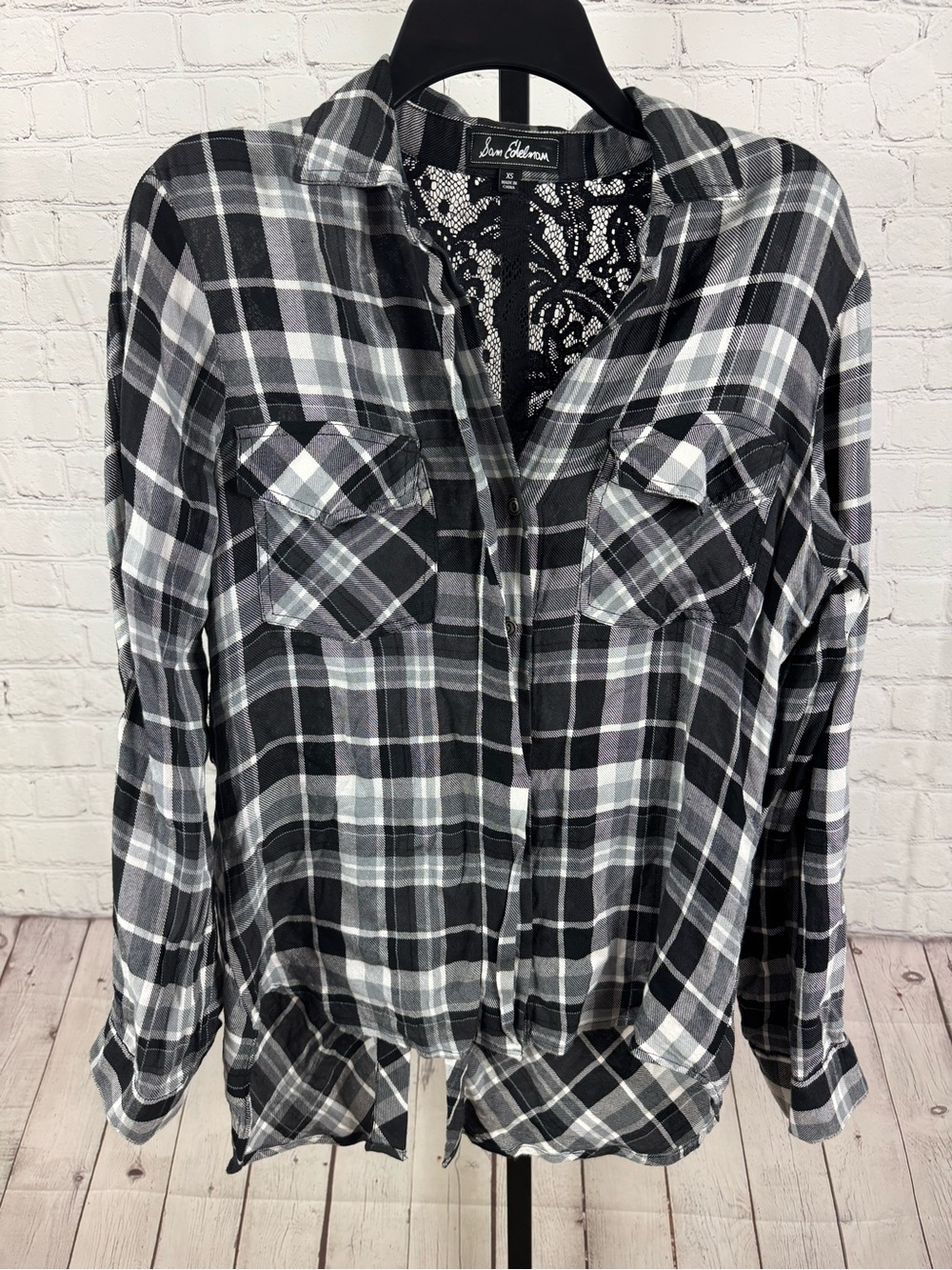 Sam Edelman Riley Plaid Button Down Shirt Lace Back Black White Gray XS